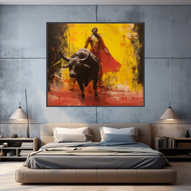 Expressive painting of a black bull and matador in fiery yellow and red