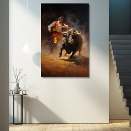 Charging bull and matador in red leaping clear through golden arena dust