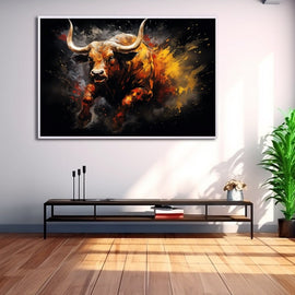 Charging bull bursting from darkness in amber, gold and ember-red splashes