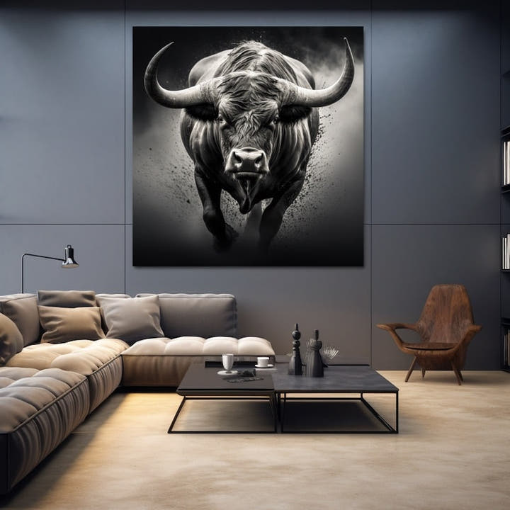 Black and white bull charging head-on with wide horns and flying dust