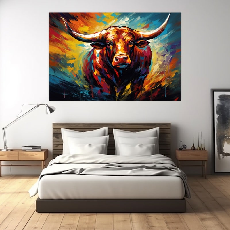 Colourful bull painting with sweeping horns