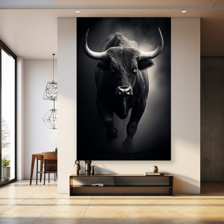 Dramatic black and white photo of a bull charging from darkness