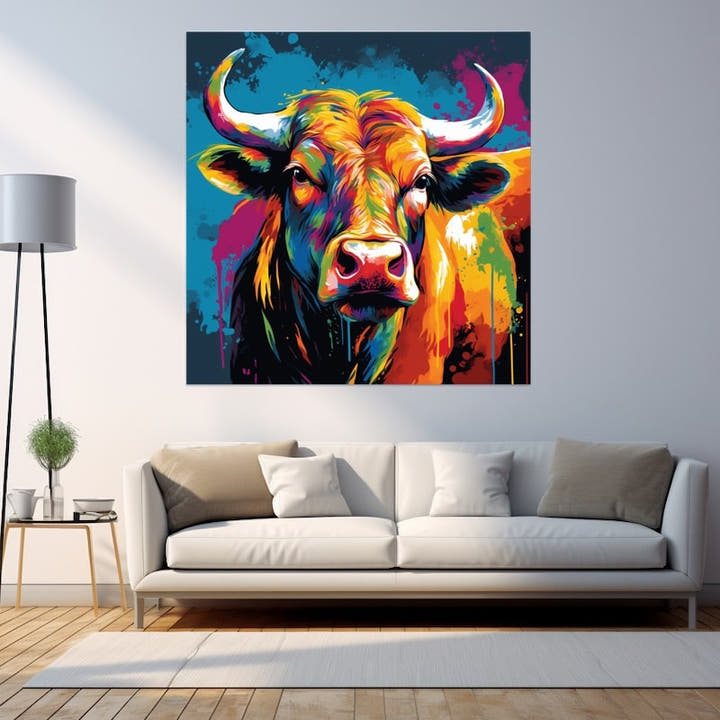 Colourful pop-art bull in magenta, orange and blue with paint drips