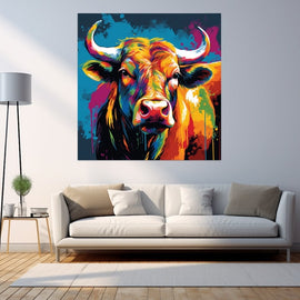 Colourful pop-art bull in magenta, orange and blue with paint drips