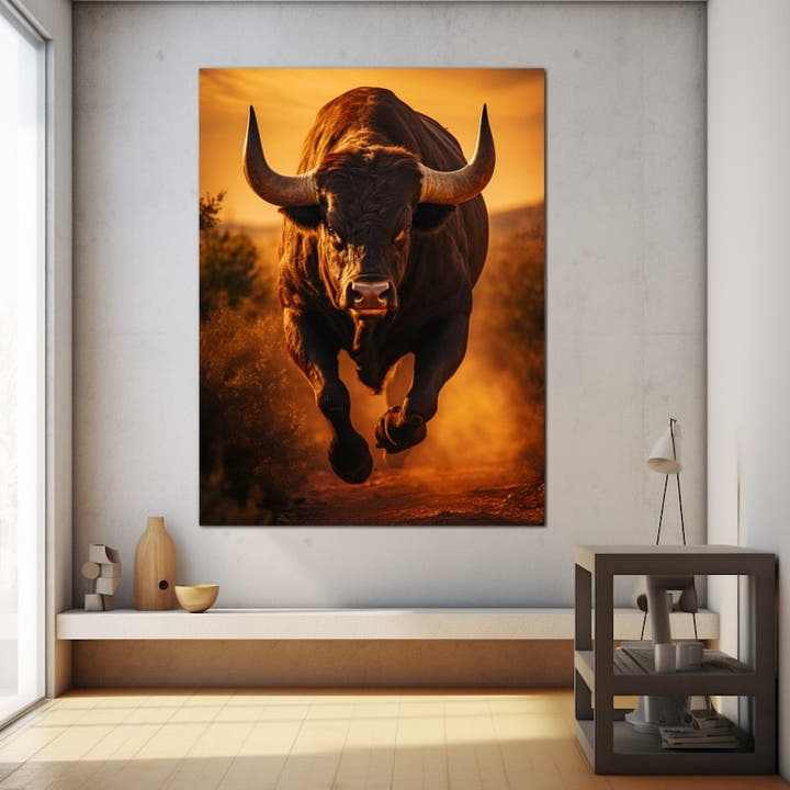 Black bull charging head-on through dust against a blazing amber sunset