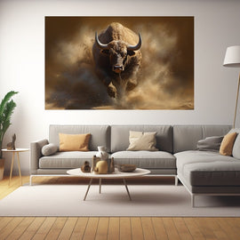 Painting of a charging bull surrounded by golden dust