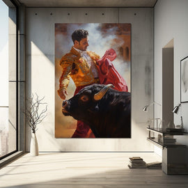 Painting of a matador in gold and crimson facing a black bull in a sunlit arena