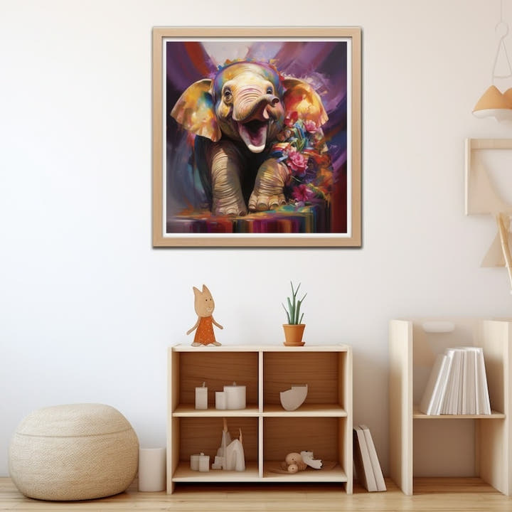 Joyful baby elephant with a flower garland in rainbow colours