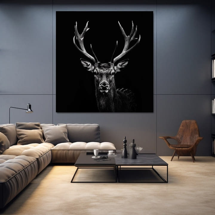 Black and white stag portrait against a pure black background