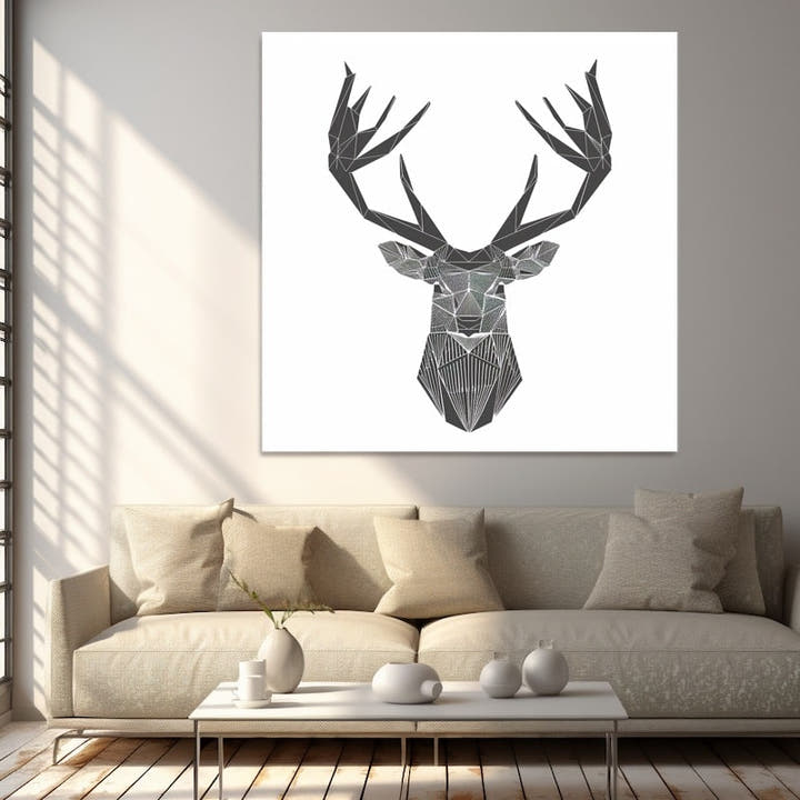 Geometric low-poly stag head canvas in charcoal and silver grey on white