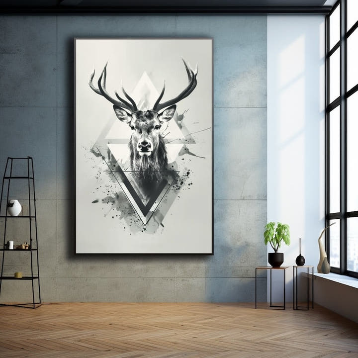 Greyscale stag head with geometric shapes deer canvas