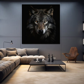 Dark wolf face with glowing amber eyes on black background