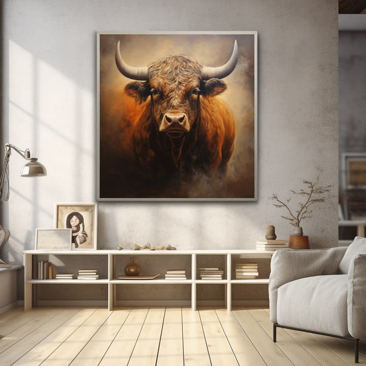 Brooding portrait of a powerful bull with sweeping horns in warm amber and chestnut tones