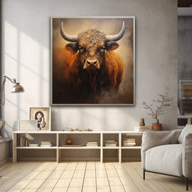 Brooding portrait of a powerful bull with sweeping horns in warm amber and chestnut tones