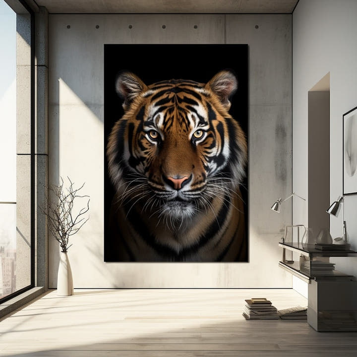 Close-up portrait of a tiger's striped face on a black background