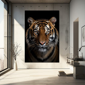Close-up portrait of a tiger's striped face on a black background