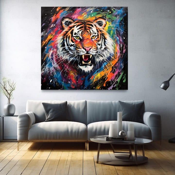 Colourful painting of a roaring tiger with rainbow paint splashes on black