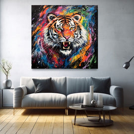 Colourful painting of a roaring tiger with rainbow paint splashes on black