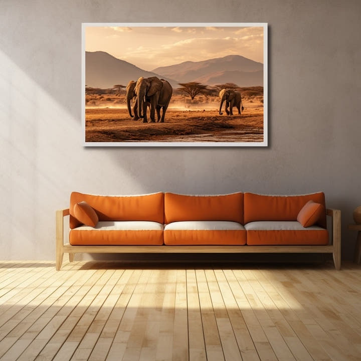 Herd of elephants crossing a golden African savannah at dawn with acacia trees and hazy mountains
