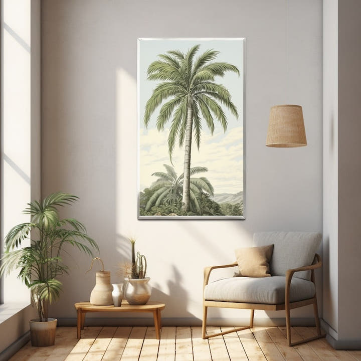 Vintage botanical illustration of a single palm tree in soft green and ivory tones