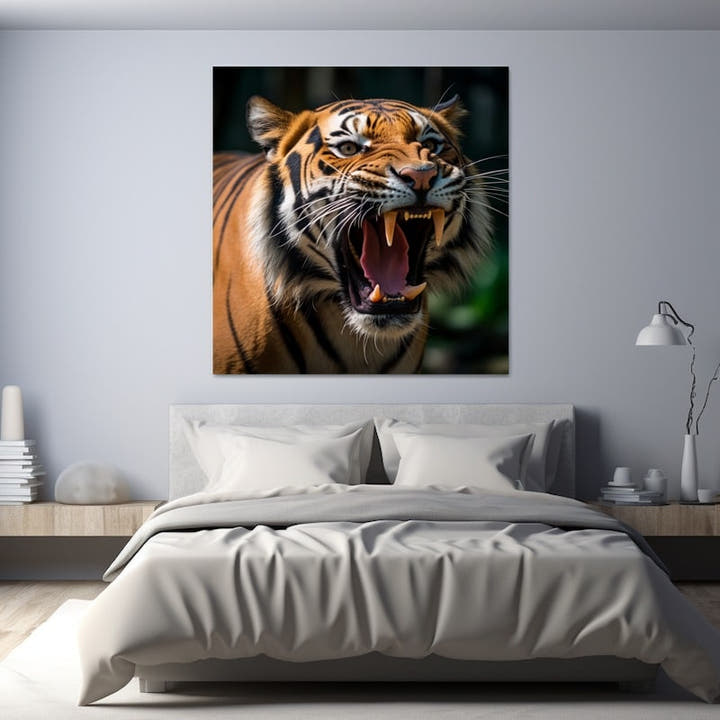 Snarling tiger close-up with orange coat and black stripes against forest