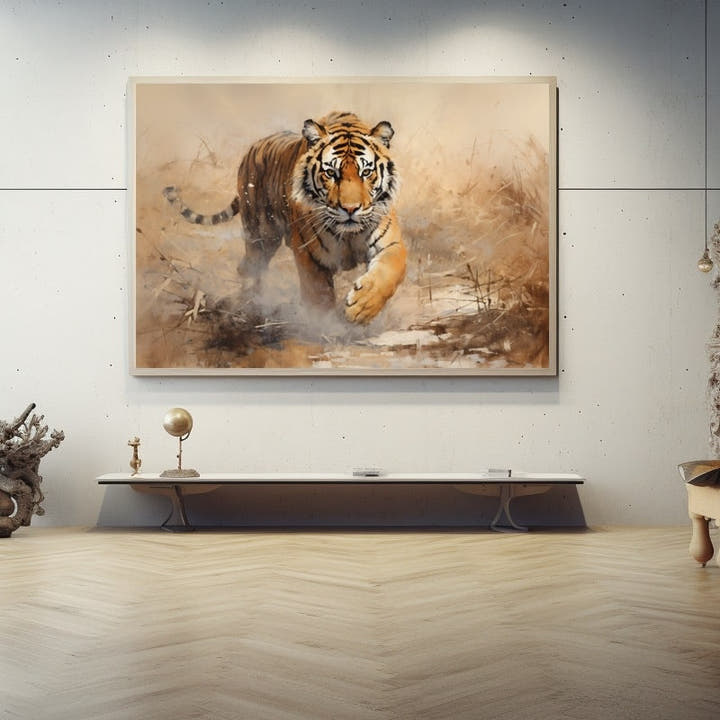 Watercolour-style painting of a tiger running through dusty golden grassland