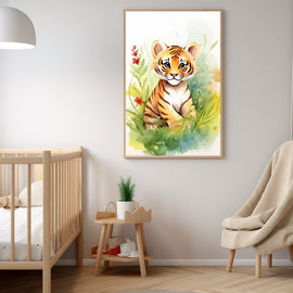 Watercolour painting of a cute baby tiger cub sitting among flowers