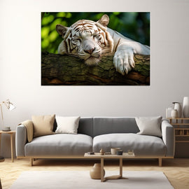 White tiger resting on a mossy branch amid green leaves
