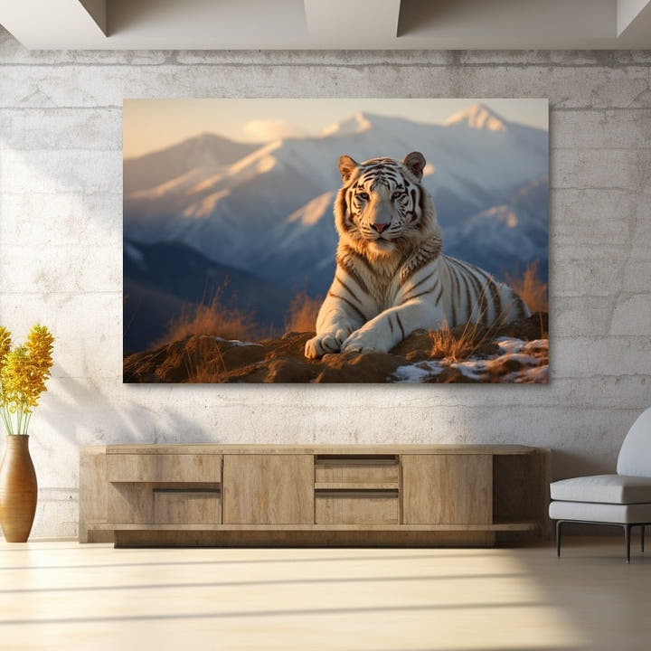 White tiger resting on a mountain ridge at golden hour with snow-capped peaks behind