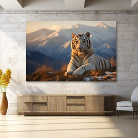White tiger resting on a mountain ridge at golden hour with snow-capped peaks behind