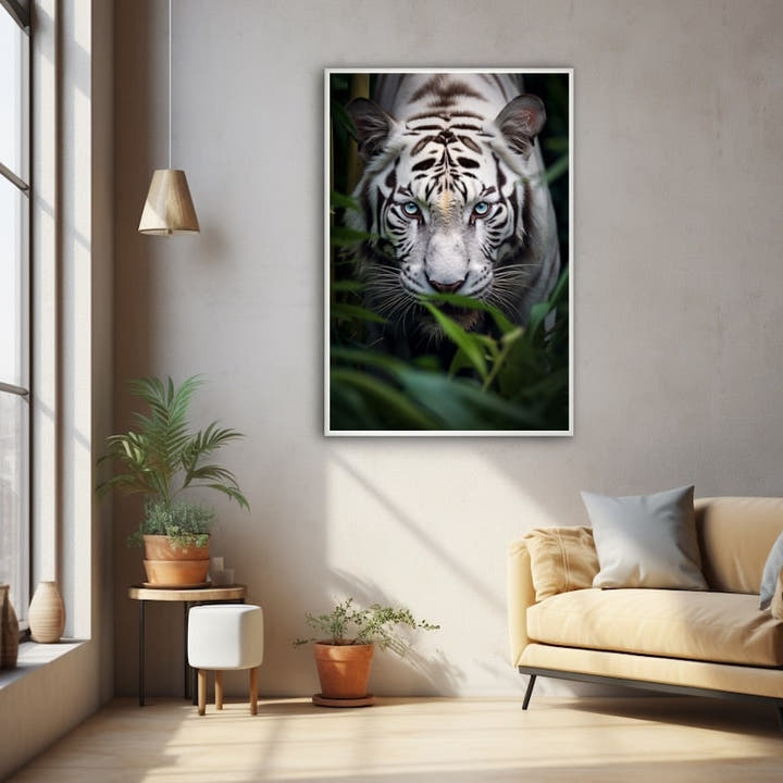White tiger with blue eyes prowling through green foliage