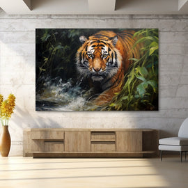 Tiger wading through white river spray surrounded by lush green foliage