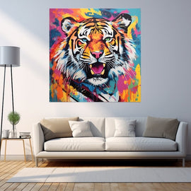 Roaring tiger in vivid splatter pop-art style on canvas