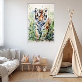 Watercolour painting of a young tiger cub sitting among tall grasses