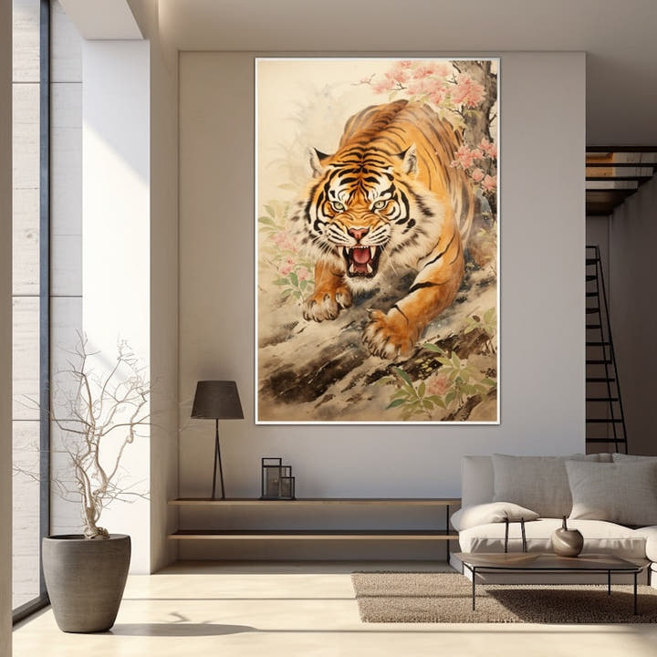 Snarling tiger in ink-brush style beneath pink blossom, feng shui painting