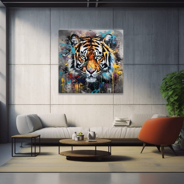 Graffiti-style tiger portrait with colourful paint splashes