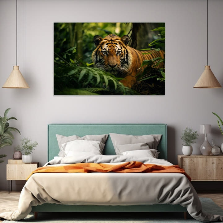 Jungle tiger lying among sunlit green ferns