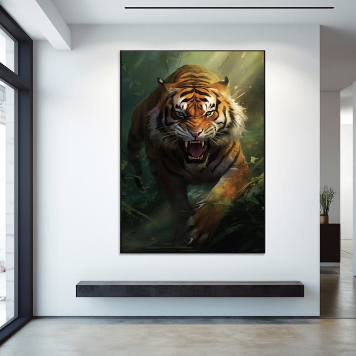 Roaring Bengal tiger charging through misty green jungle