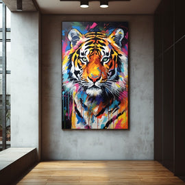 Multi coloured tiger canvas with green eyes and splattered paint