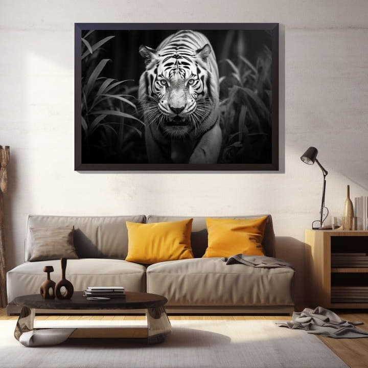 White tiger prowling from dark jungle foliage in black and white