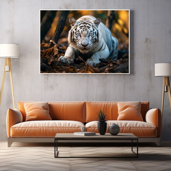Realistic painting of a white tiger with blue eyes in an autumn forest