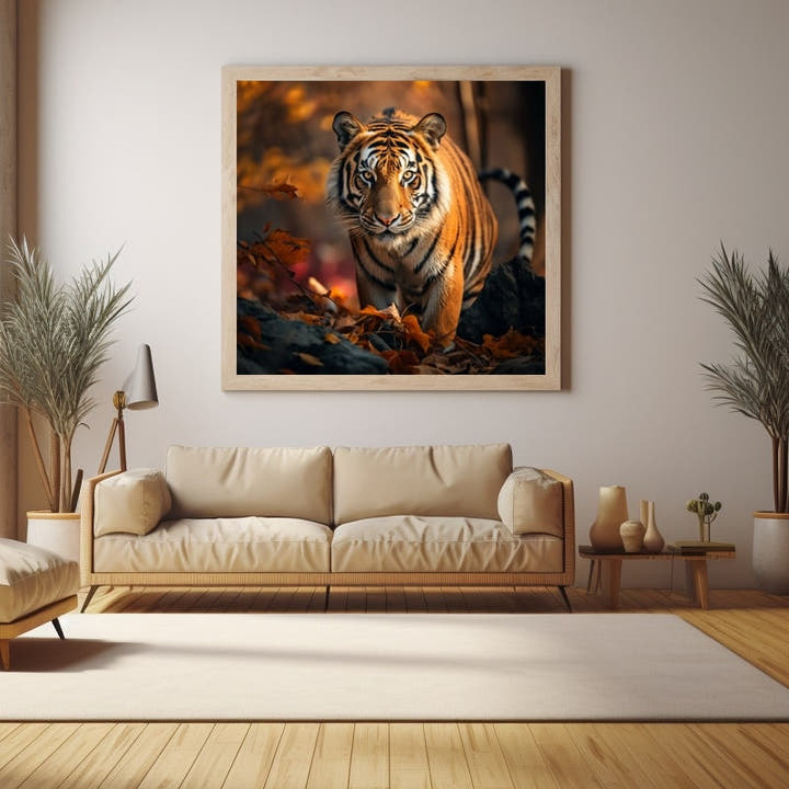 Young tiger walking through autumn leaves, photographic close-up