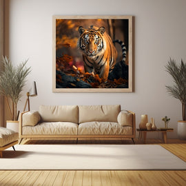 Young tiger walking through autumn leaves, photographic close-up