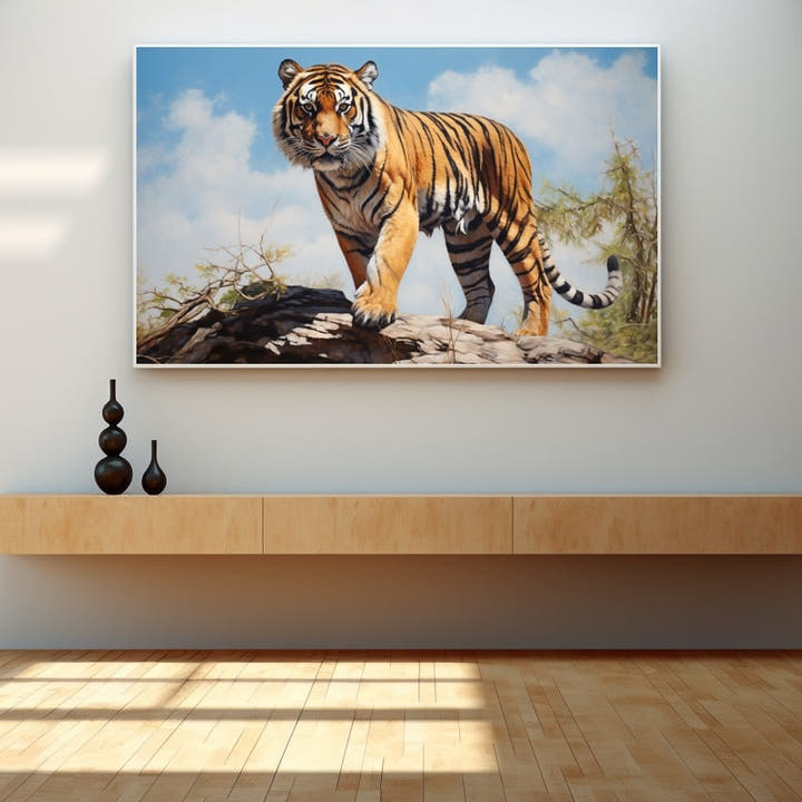 Bengal Tiger Painting - tiger on a rock against a blue sky
