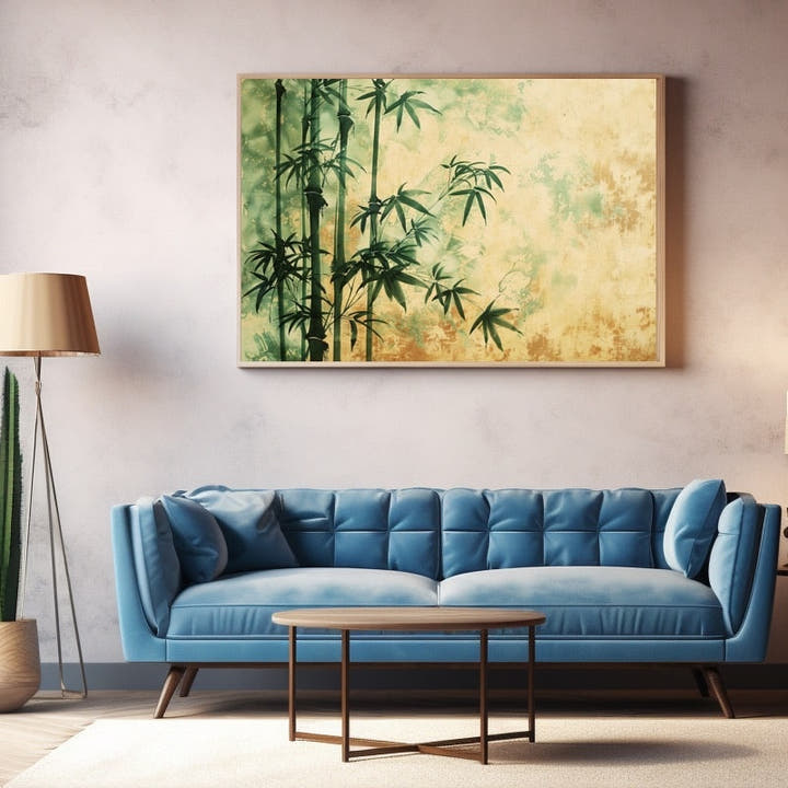 Dark green bamboo leaves against an aged cream and ochre mottled background