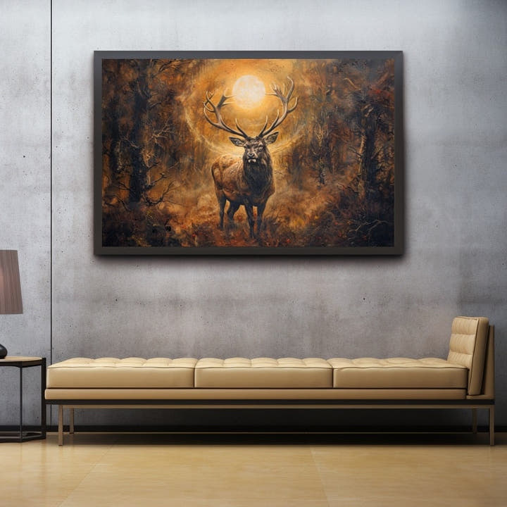 Oil-painted stag in a golden forest clearing lit by a radiant glow