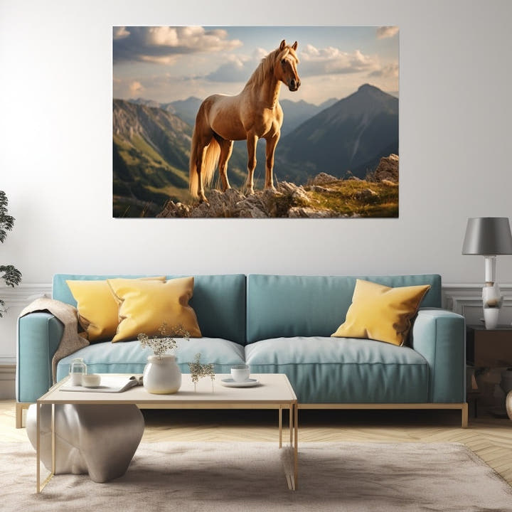 Golden palomino horse on a rocky mountain summit