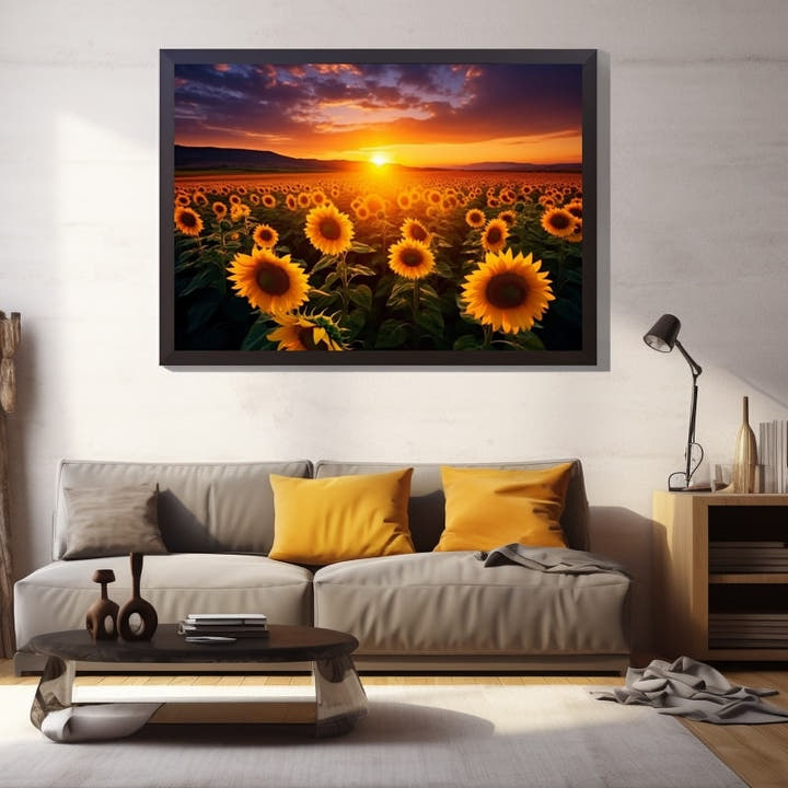 Field of sunflowers facing a low amber sun under a violet-streaked sky