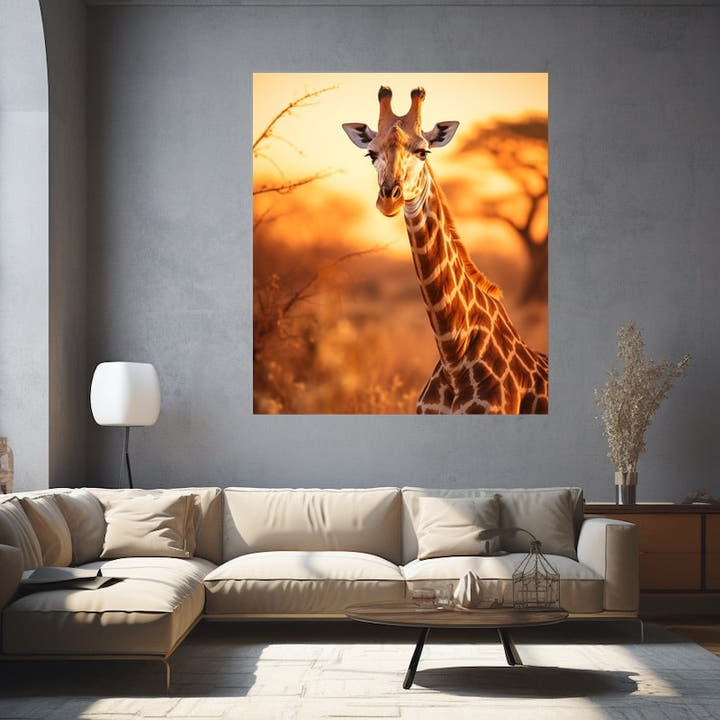 Giraffe at golden hour against an amber savanna sunset