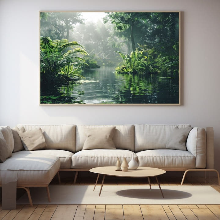 Misty jungle pool framed by lush ferns and palm fronds in deep greens